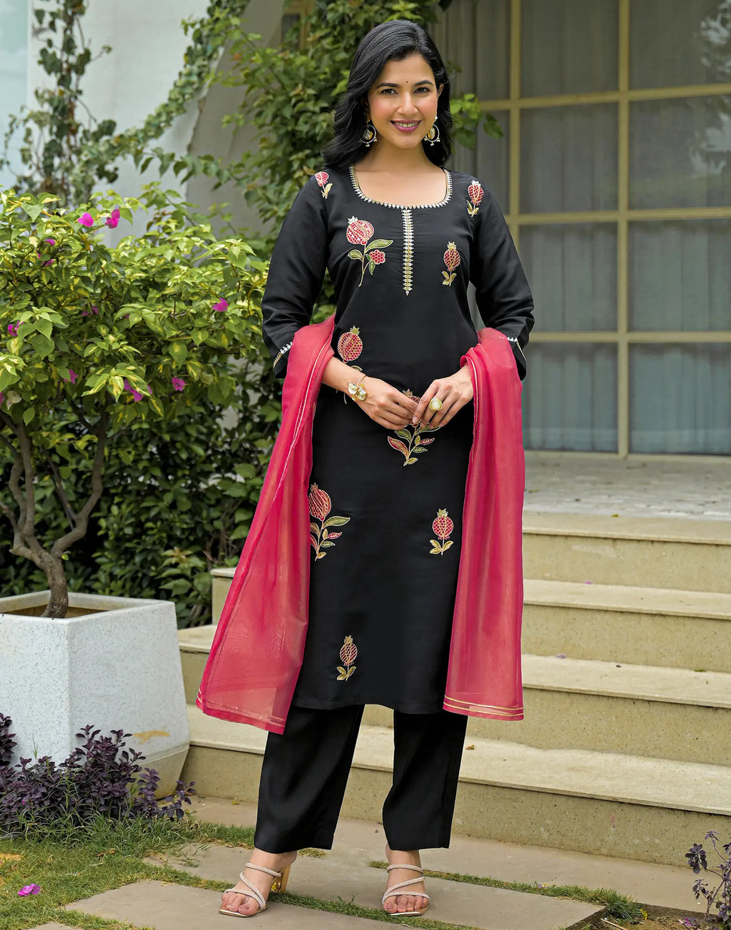 Silk Blend Embroidered Straight 3 Piece Kurta Set