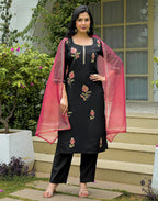 Silk Blend Embroidered Straight 3 Piece Kurta Set