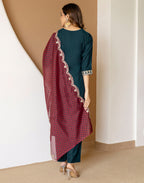 Skylee Silk Embroidered Straight 3 Piece Kurta Set For Woman