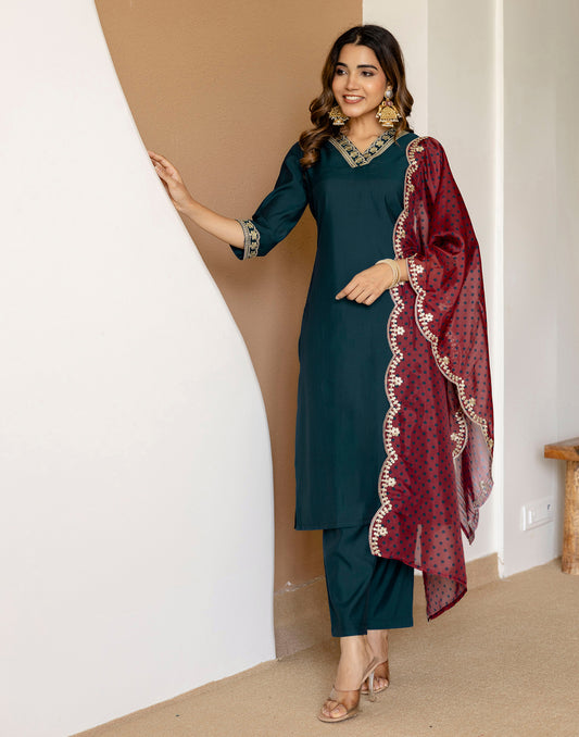 Silk Embroidered Straight 3 Piece Kurta Set