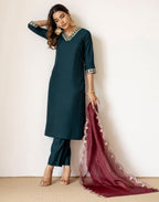 Skylee Silk Embroidered Straight 3 Piece Kurta Set For Woman