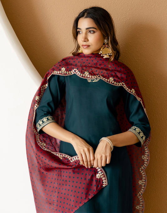 Silk Embroidered Straight 3 Piece Kurta Set