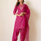 Silk Blend Straight Printed V-Neck Kurta with Pant & Dupatta
