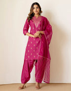 Silk Blend Foil Print Straight 3 Piece Kurta Set