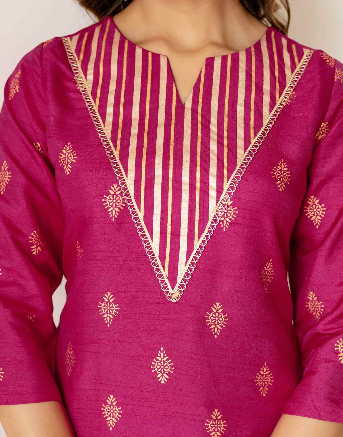 Silk Blend Straight Printed V-Neck Kurta with Pant & Dupatta