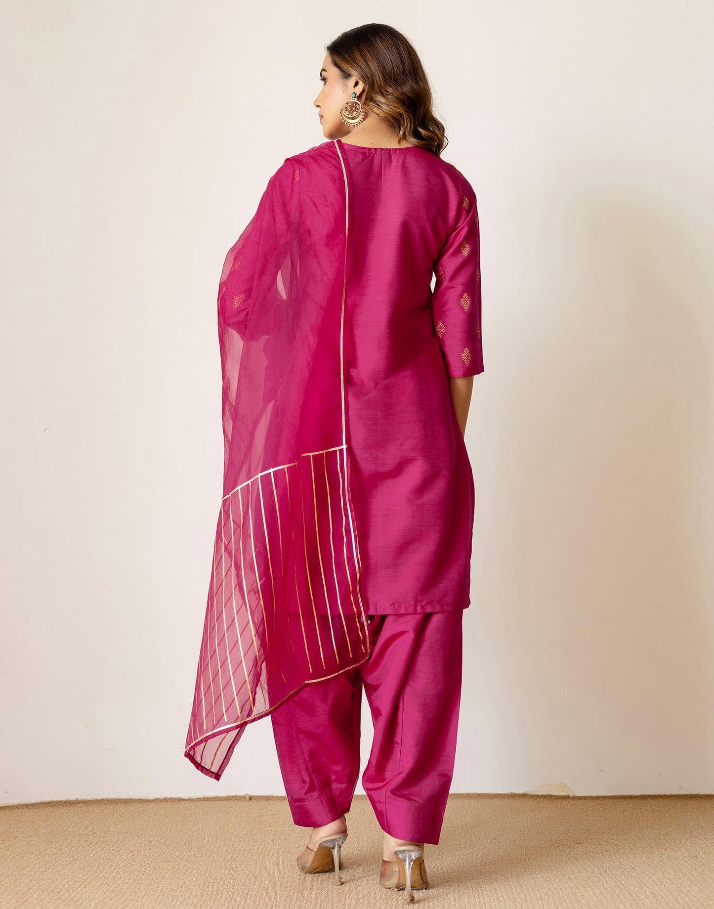 Silk Blend Straight Printed V-Neck Kurta with Pant & Dupatta