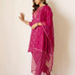 Silk Blend Straight Printed V-Neck Kurta with Pant & Dupatta