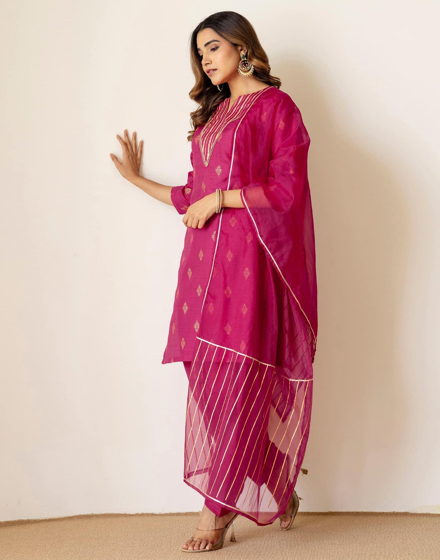 Silk Blend Straight Printed V-Neck Kurta with Pant & Dupatta