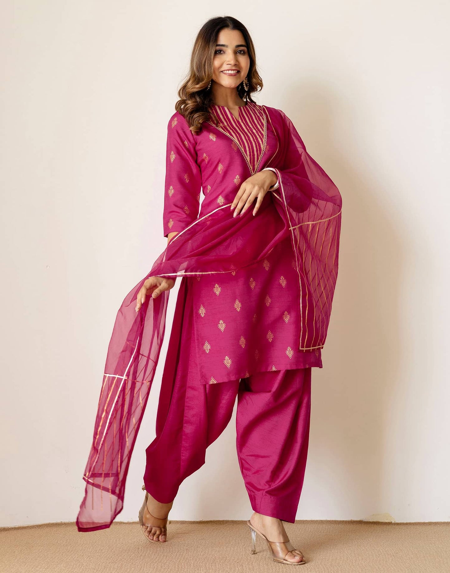 Silk Blend Straight Printed V-Neck Kurta with Pant & Dupatta