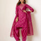 Silk Blend Straight Printed V-Neck Kurta with Pant & Dupatta