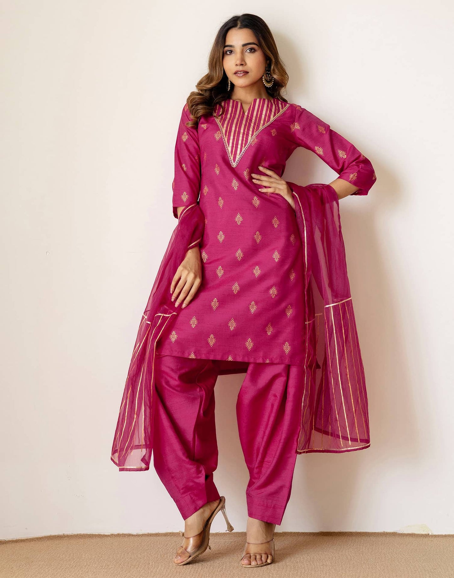 Silk Blend Straight Printed V-Neck Kurta with Pant & Dupatta