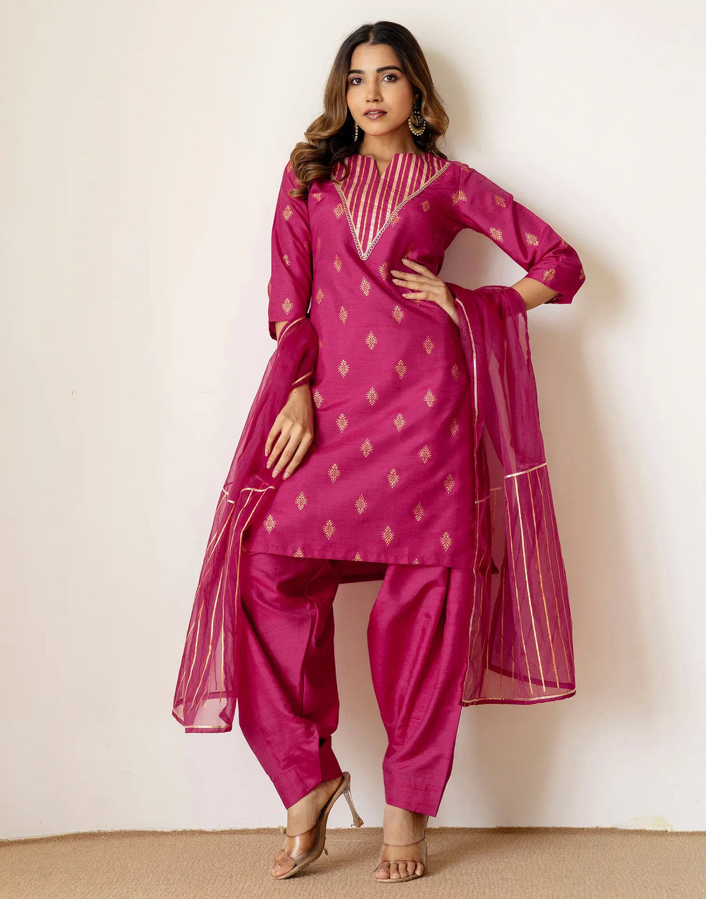 Silk Blend Foil Print Straight 3 Piece Kurta Set
