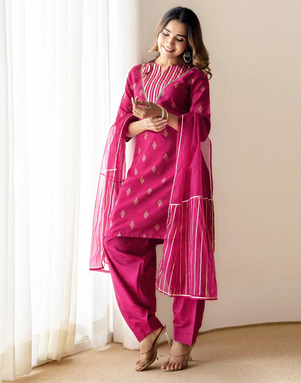 Silk Blend Foil Print Straight 3 Piece Kurta Set