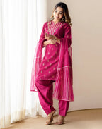 Silk Blend Foil Print Straight 3 Piece Kurta Set