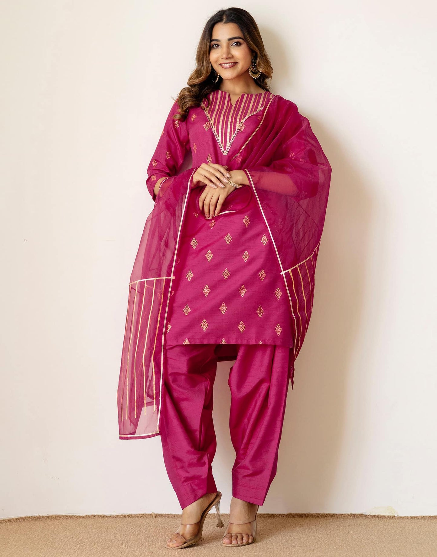 Silk Blend Straight Printed V-Neck Kurta with Pant & Dupatta
