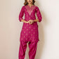 Silk Blend Straight Printed V-Neck Kurta with Pant & Dupatta