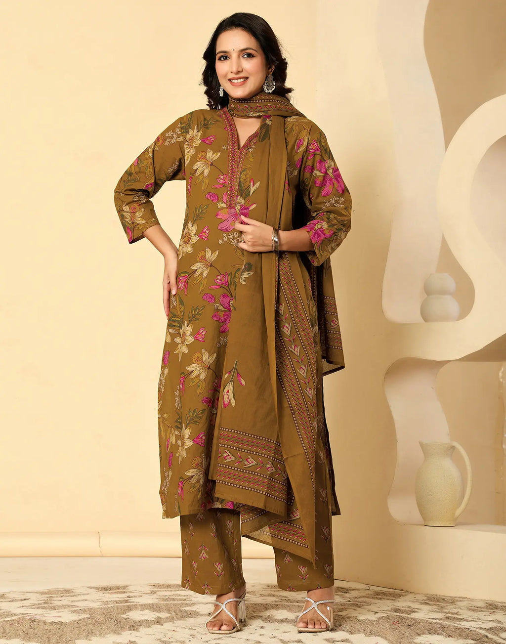Viscose Rayon Floral Print Straight 3 Piece Kurta Set