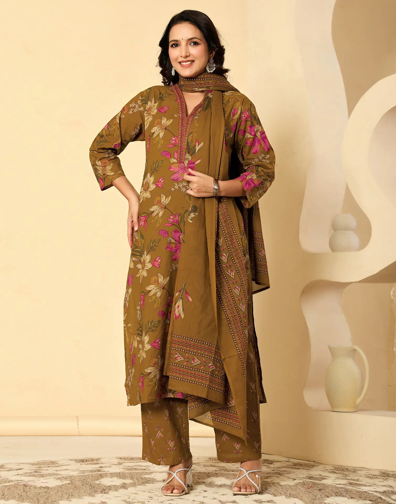 Viscose Rayon Floral Print Straight 3 Piece Kurta Set