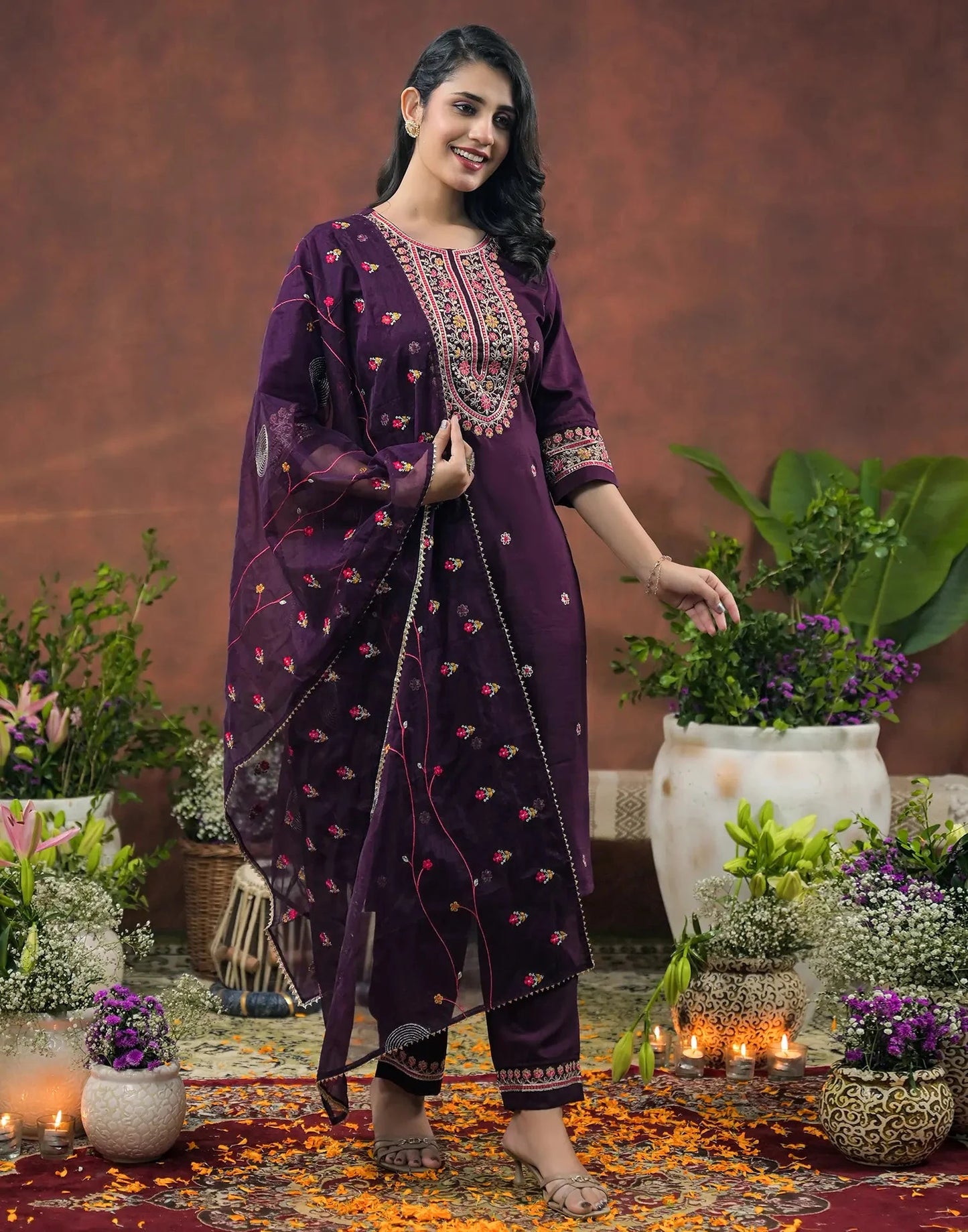 Chinnon Embroidered Round Neck Straight Kurta with Pant & Dupatta