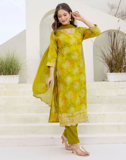 Cotton Blend Printed Straight Kurta with Pant & Dupatta