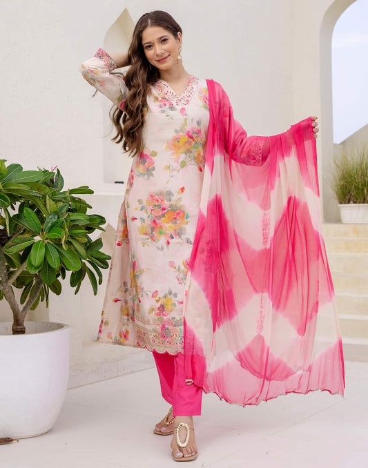 Cotton Blend Printed Straight Kurta with Pant & Dupatta