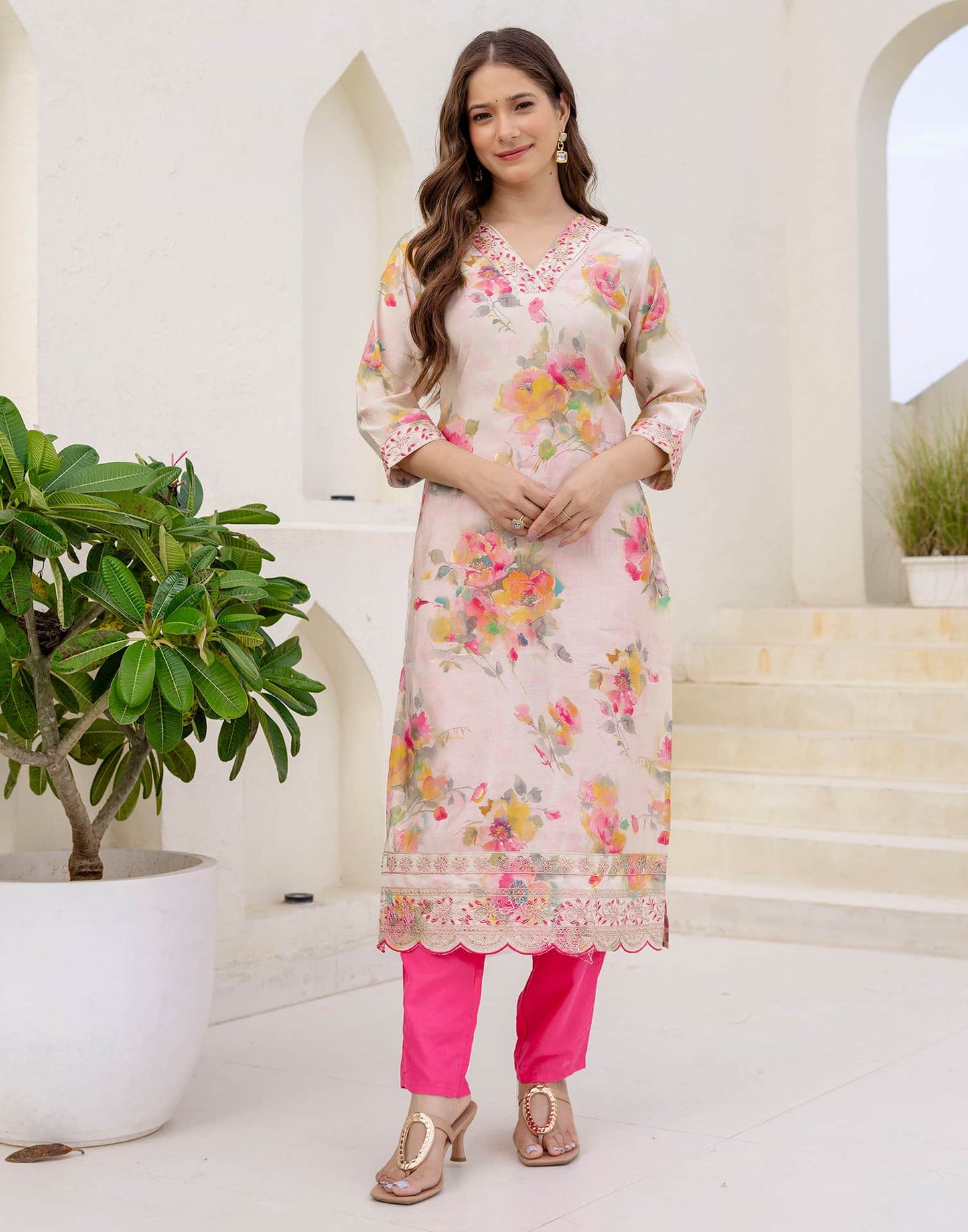 Cotton Blend Printed Straight Kurta with Pant & Dupatta