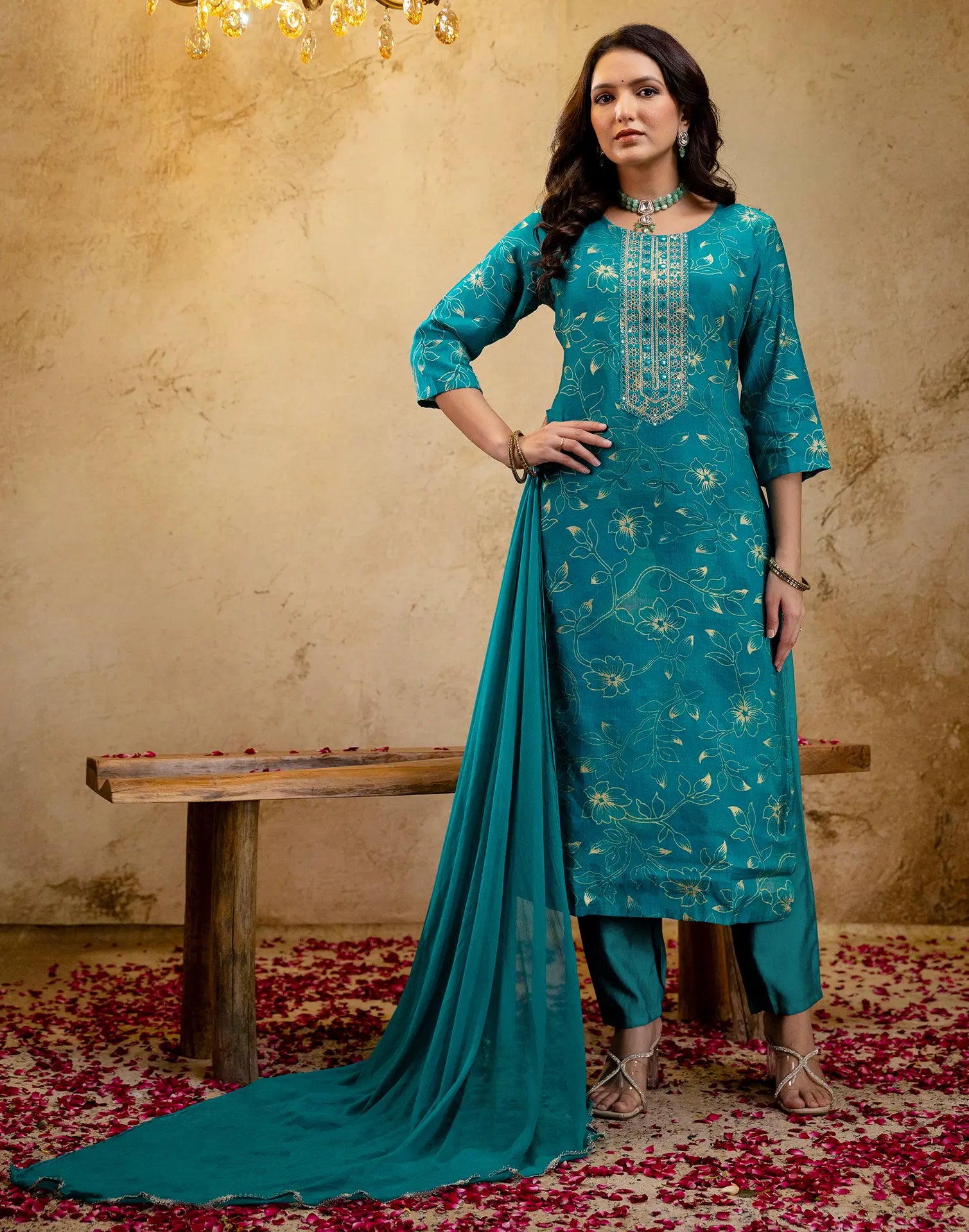 Viscose Rayon Floral Print Straight 3 Piece Kurta Set