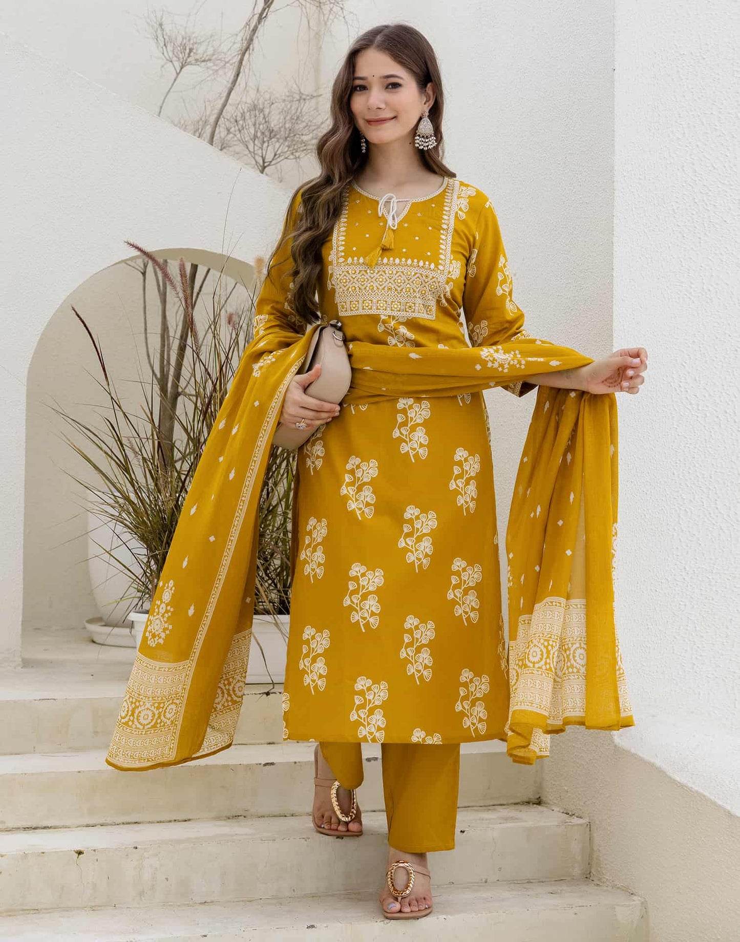 Cotton Straight Printed Keyhole Neck Kurta with Pant & Dupatta