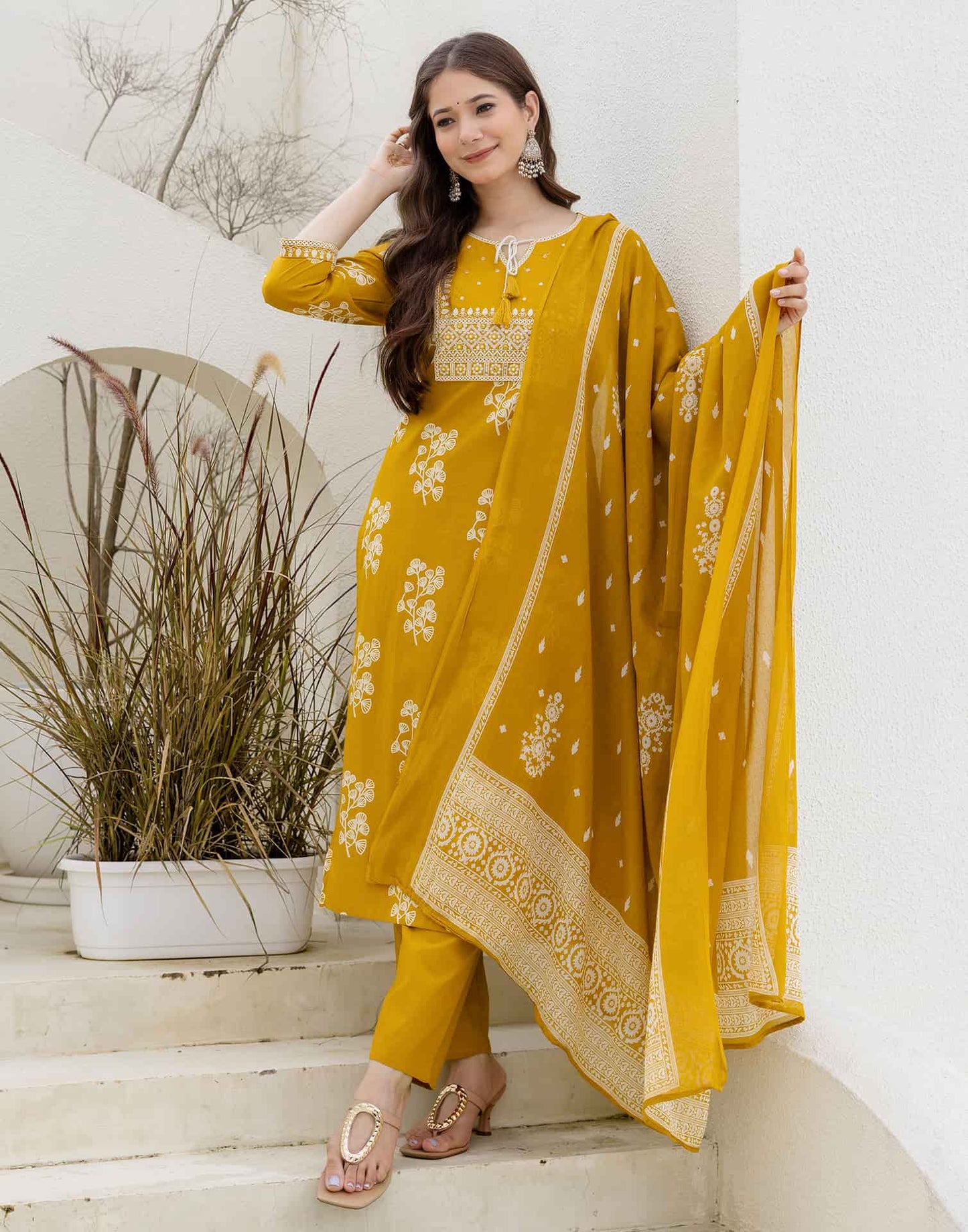 Cotton Straight Printed Keyhole Neck Kurta with Pant & Dupatta