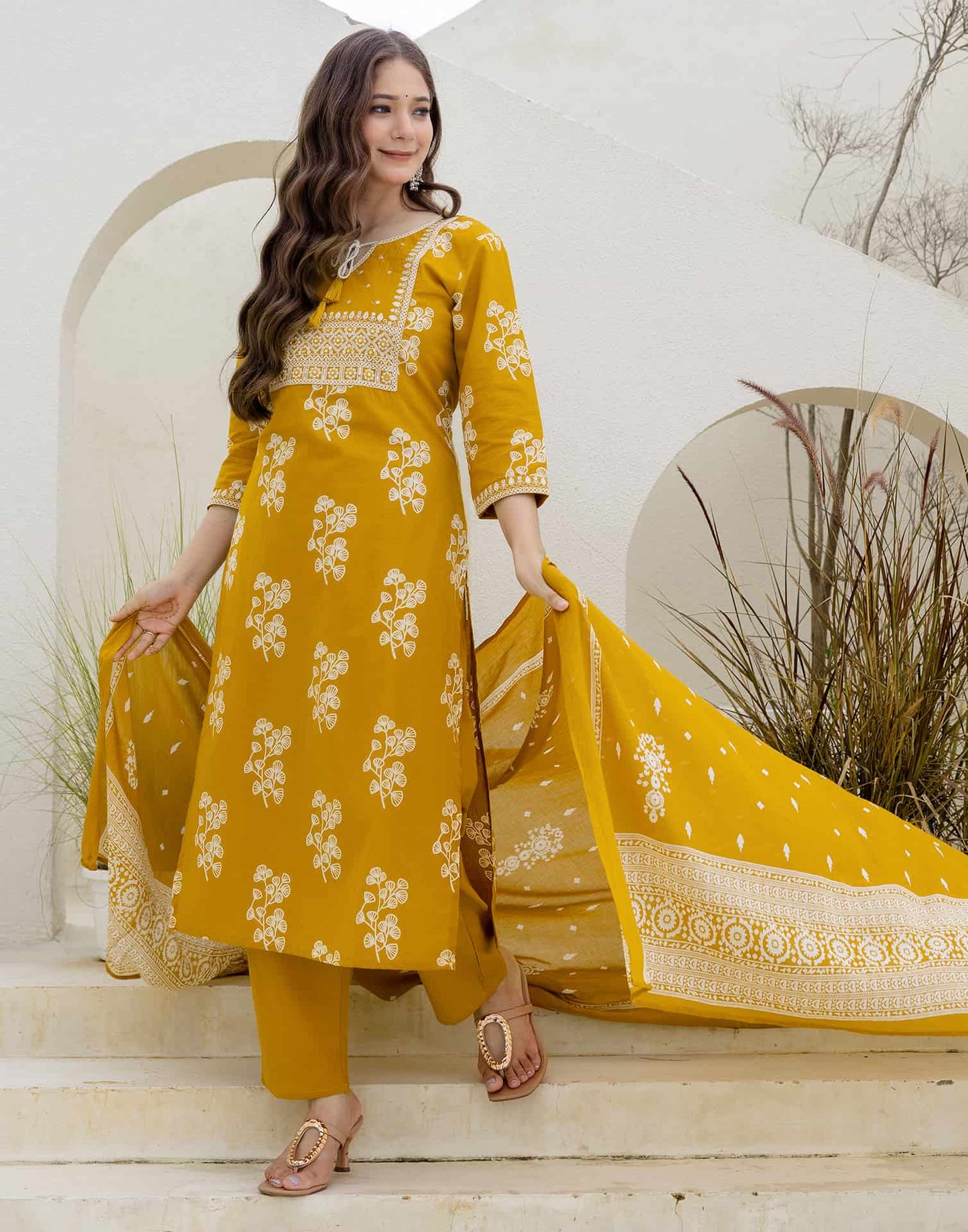 Cotton Straight Printed Keyhole Neck Kurta with Pant & Dupatta