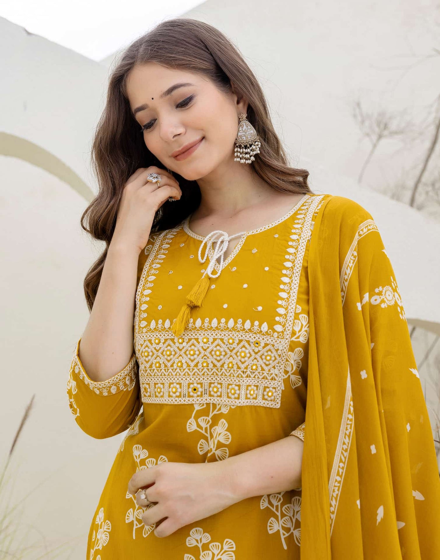 Cotton Straight Printed Keyhole Neck Kurta with Pant & Dupatta