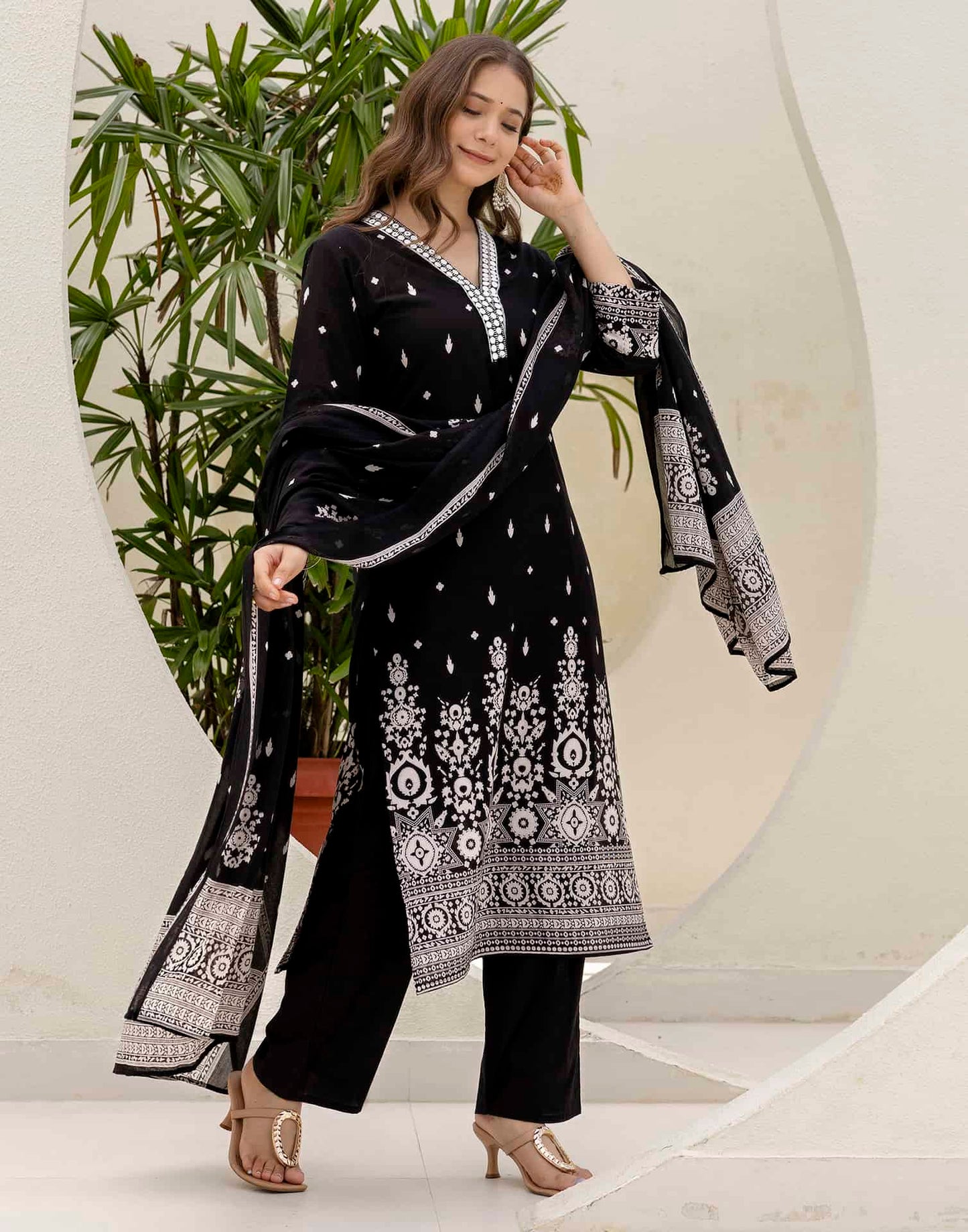 Cotton Straight Embroidery V-Neck Kurta with Pant & Dupatta