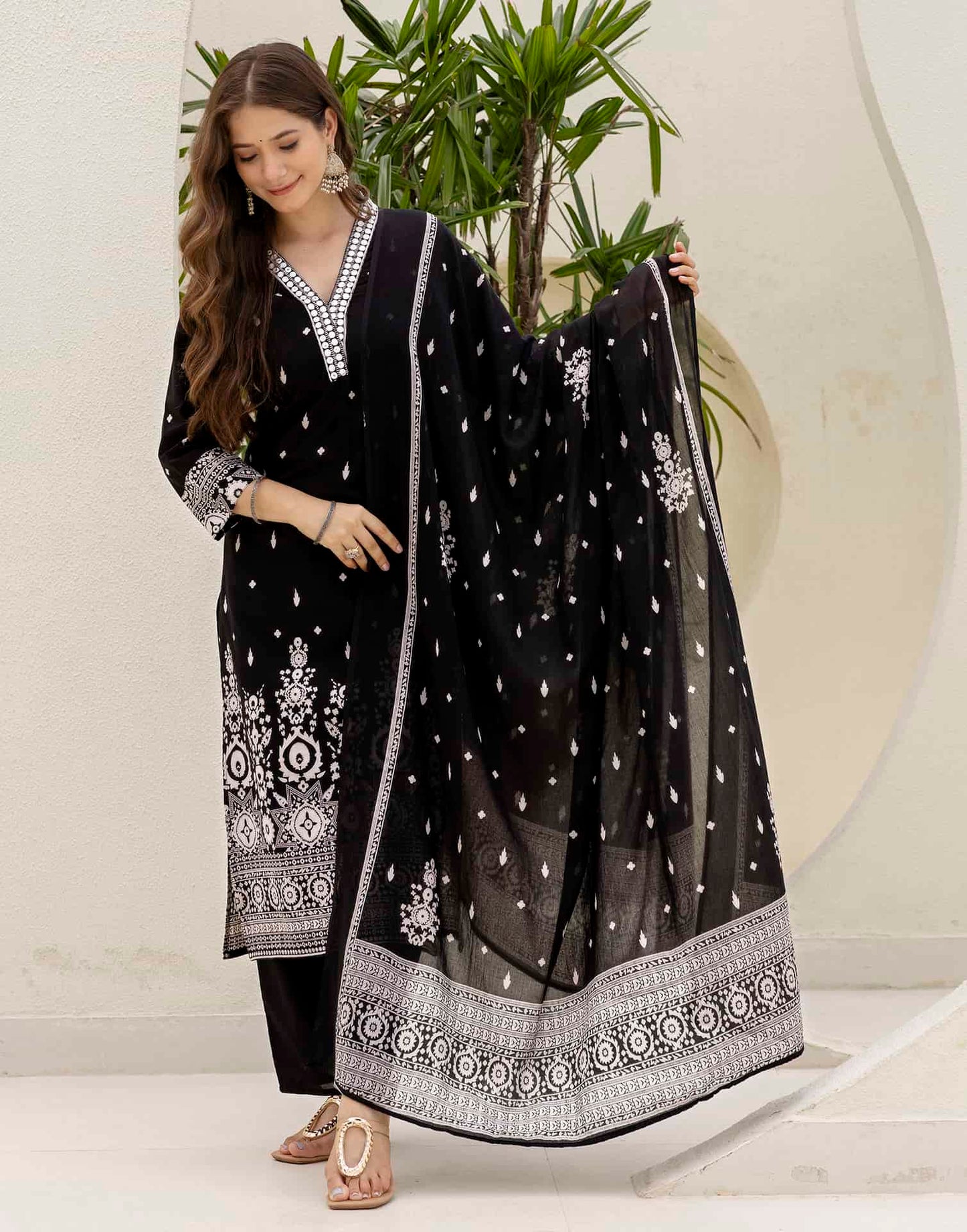 Cotton Straight Embroidery V-Neck Kurta with Pant & Dupatta