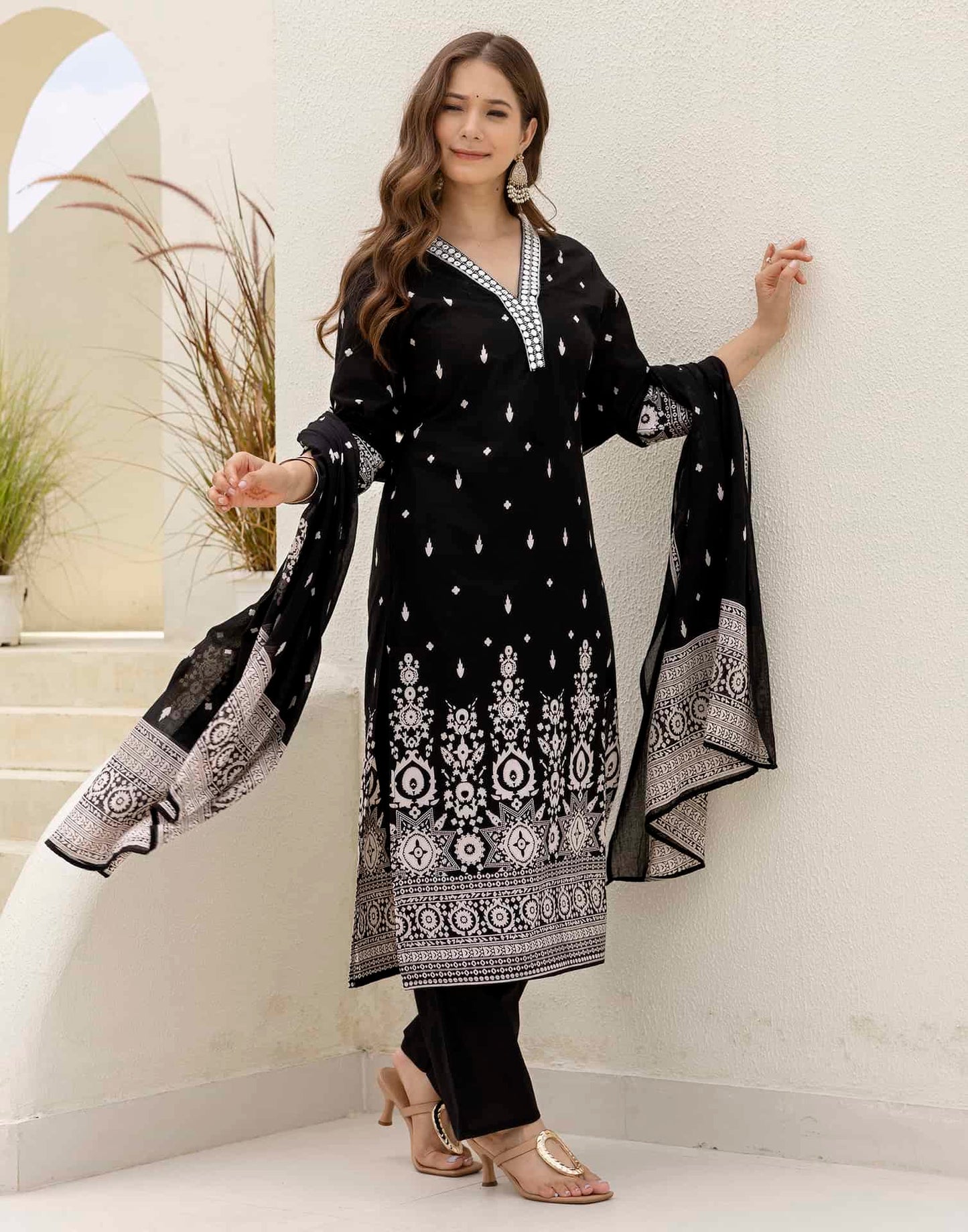 Cotton Straight Embroidery V-Neck Kurta with Pant & Dupatta