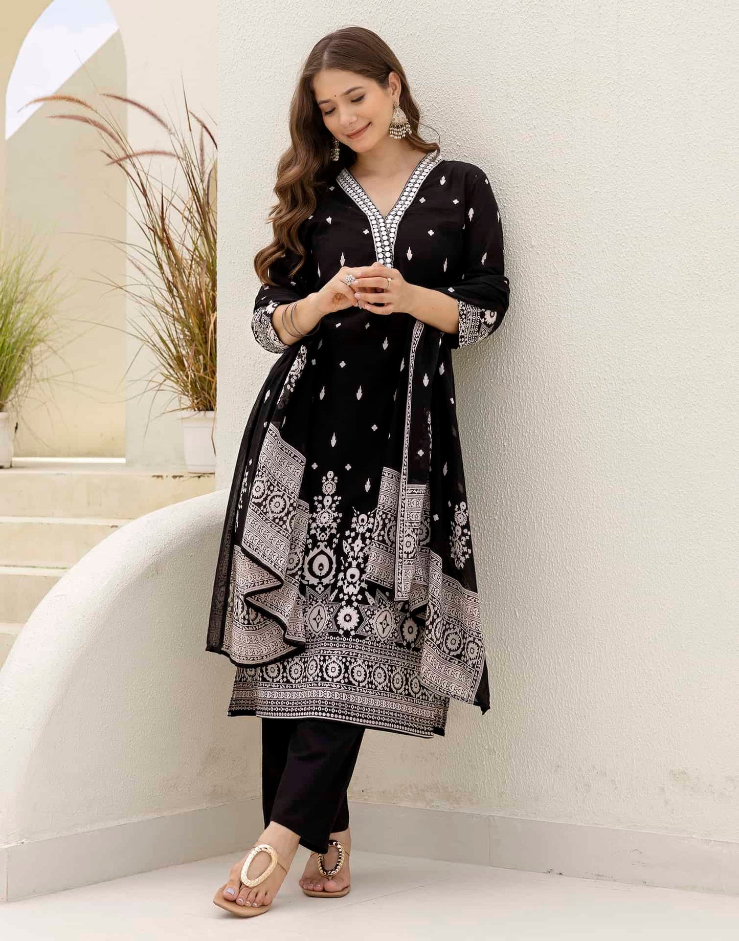 Cotton Straight Embroidery V-Neck Kurta with Pant & Dupatta