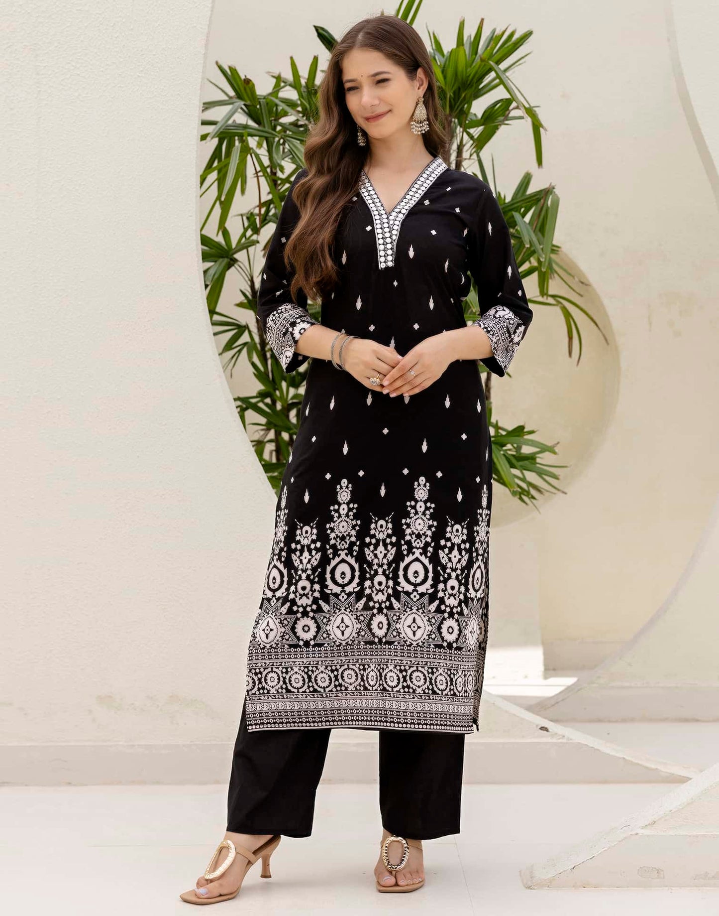 Cotton Straight Embroidery V-Neck Kurta with Pant & Dupatta