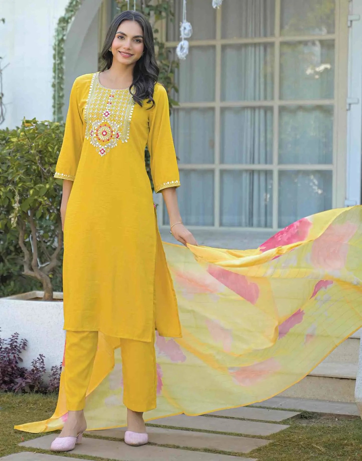 Silk Embroidered Straight Round Neck Kurta with Pant & Dupatta