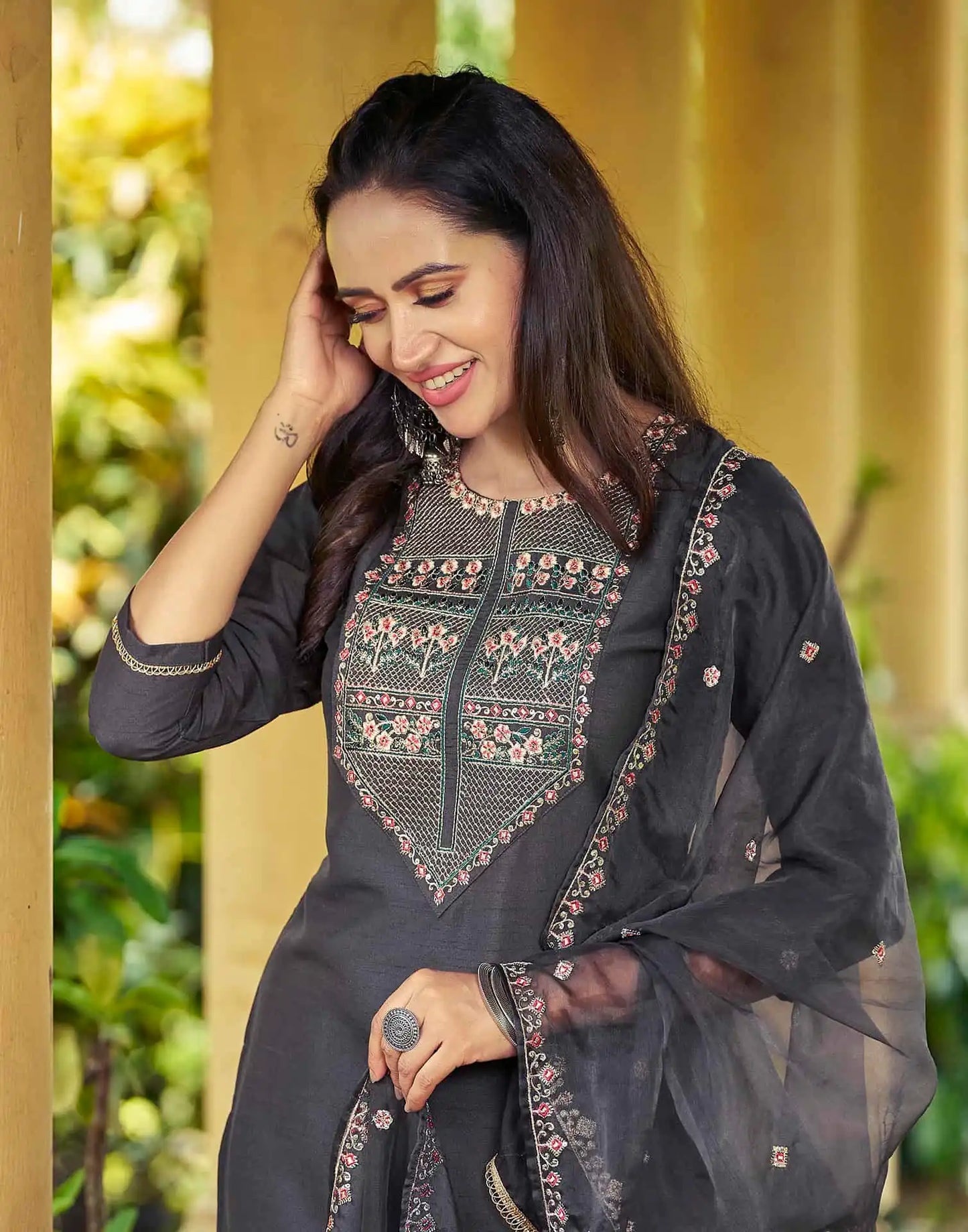 Grey Silk Sequence Embroidered Straight Kurta Set with Pant and Dupatta – Elegant Wedding & Festive Wear for Women