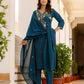 Skylee Blue Cotton Embroidered Straight Kurta Set for Women