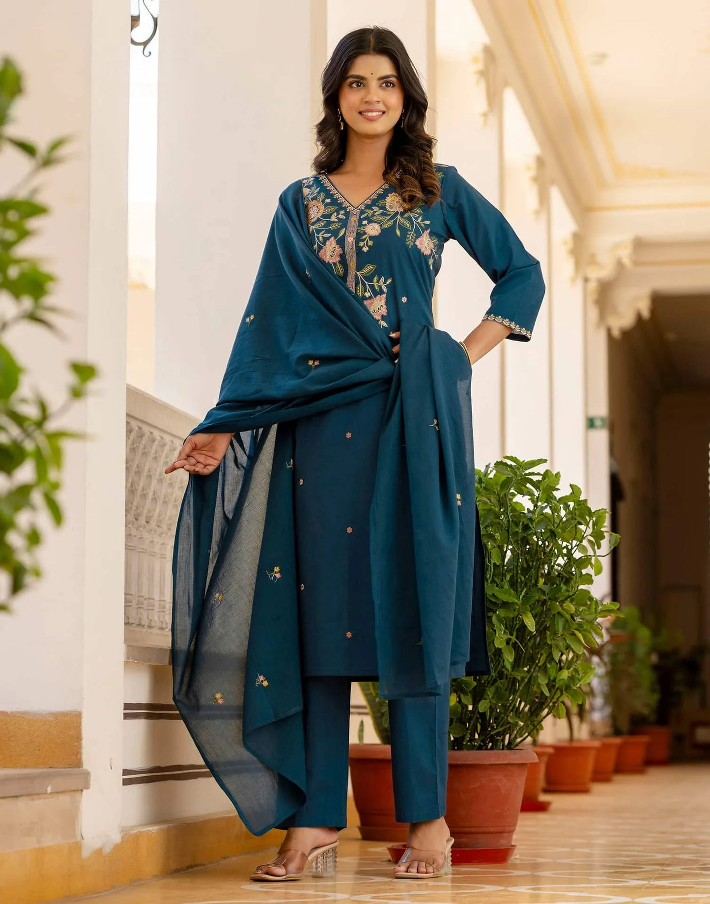 Skylee Blue Cotton Embroidered Straight Kurta Set for Women