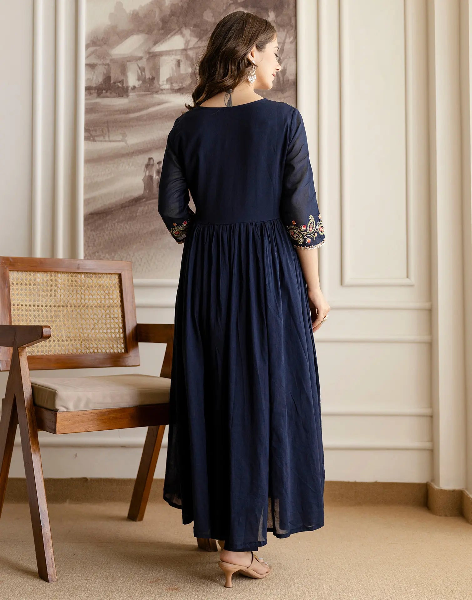 Pure Cotton Embroidered Angarkha 3 Piece Kurta Set