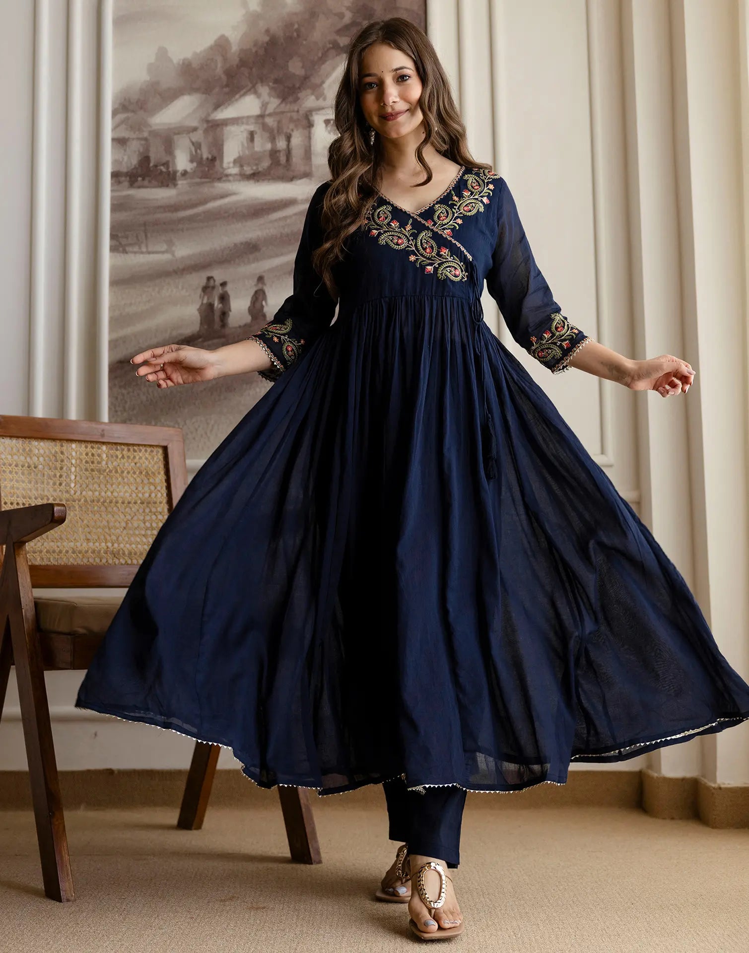 Pure Cotton Embroidered Angarkha 3 Piece Kurta Set