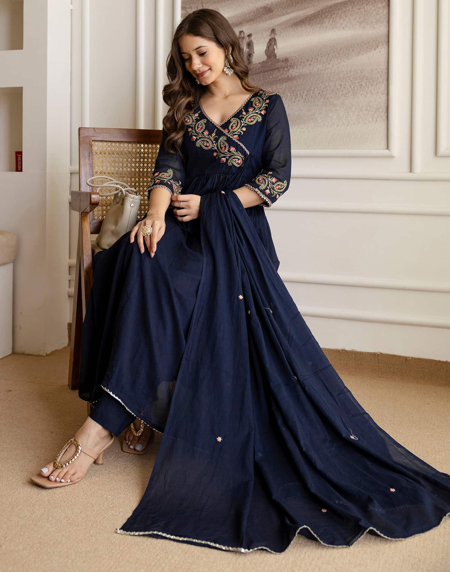 Cotton Embroidered Anarkali Kurta with Pant & Dupatta