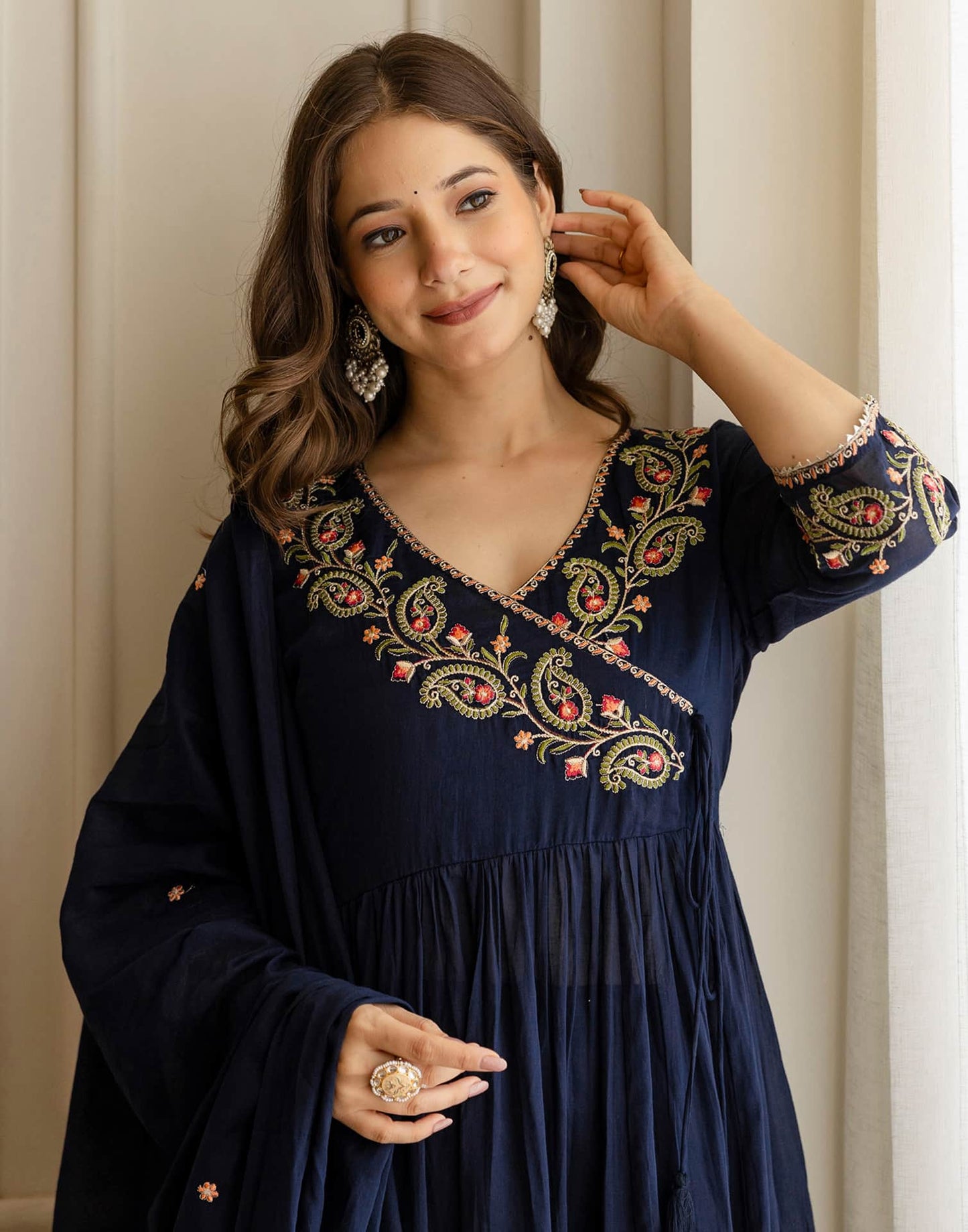 Cotton Embroidered Anarkali Kurta with Pant & Dupatta