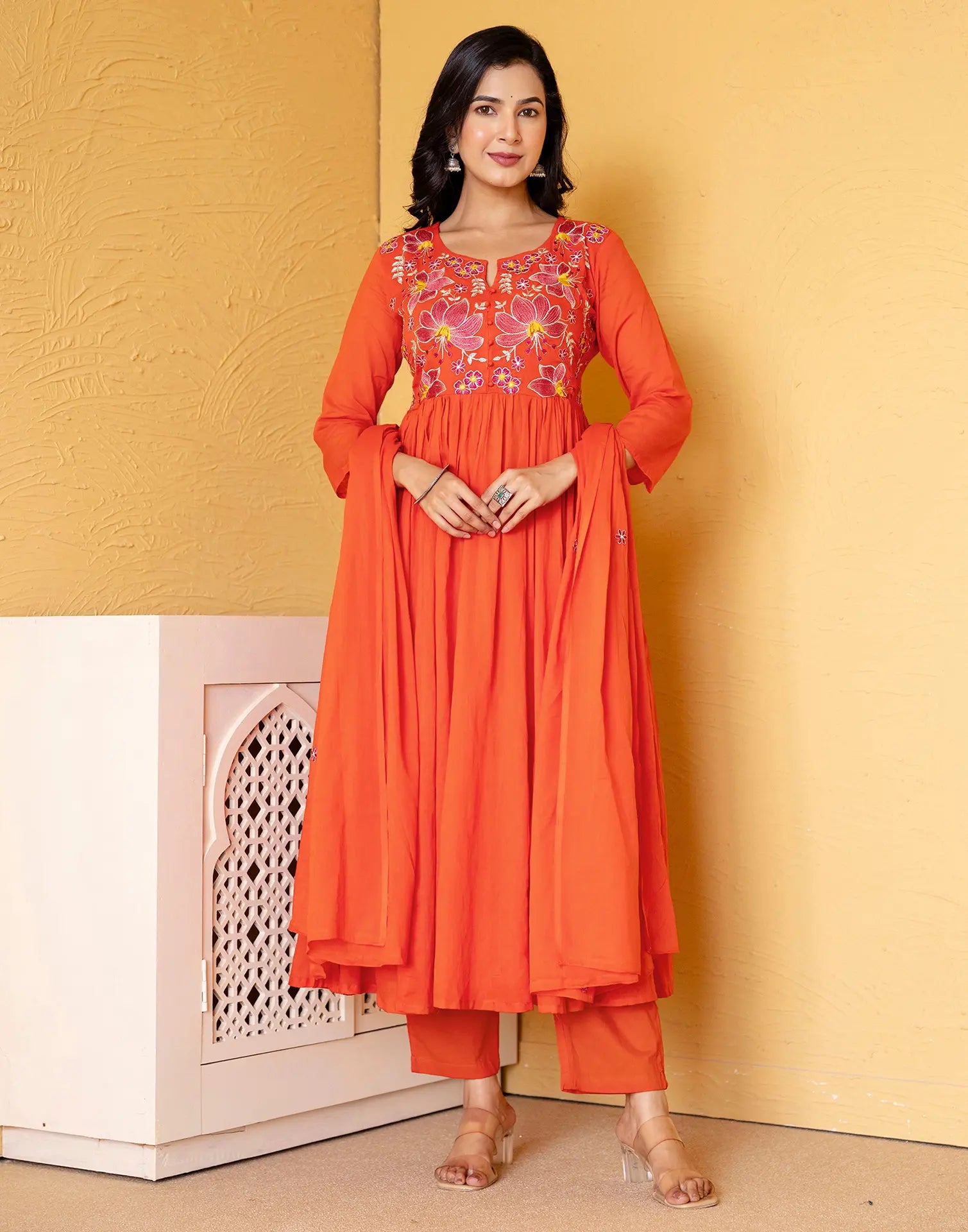 Cotton Embroidered Anarkali 3 Piece Kurta Set