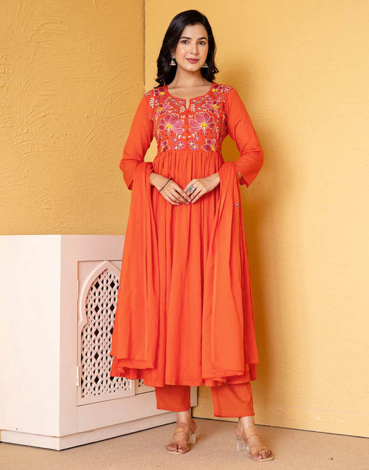 Cotton Embroidered Anarkali Kurta with Pant & Dupatta
