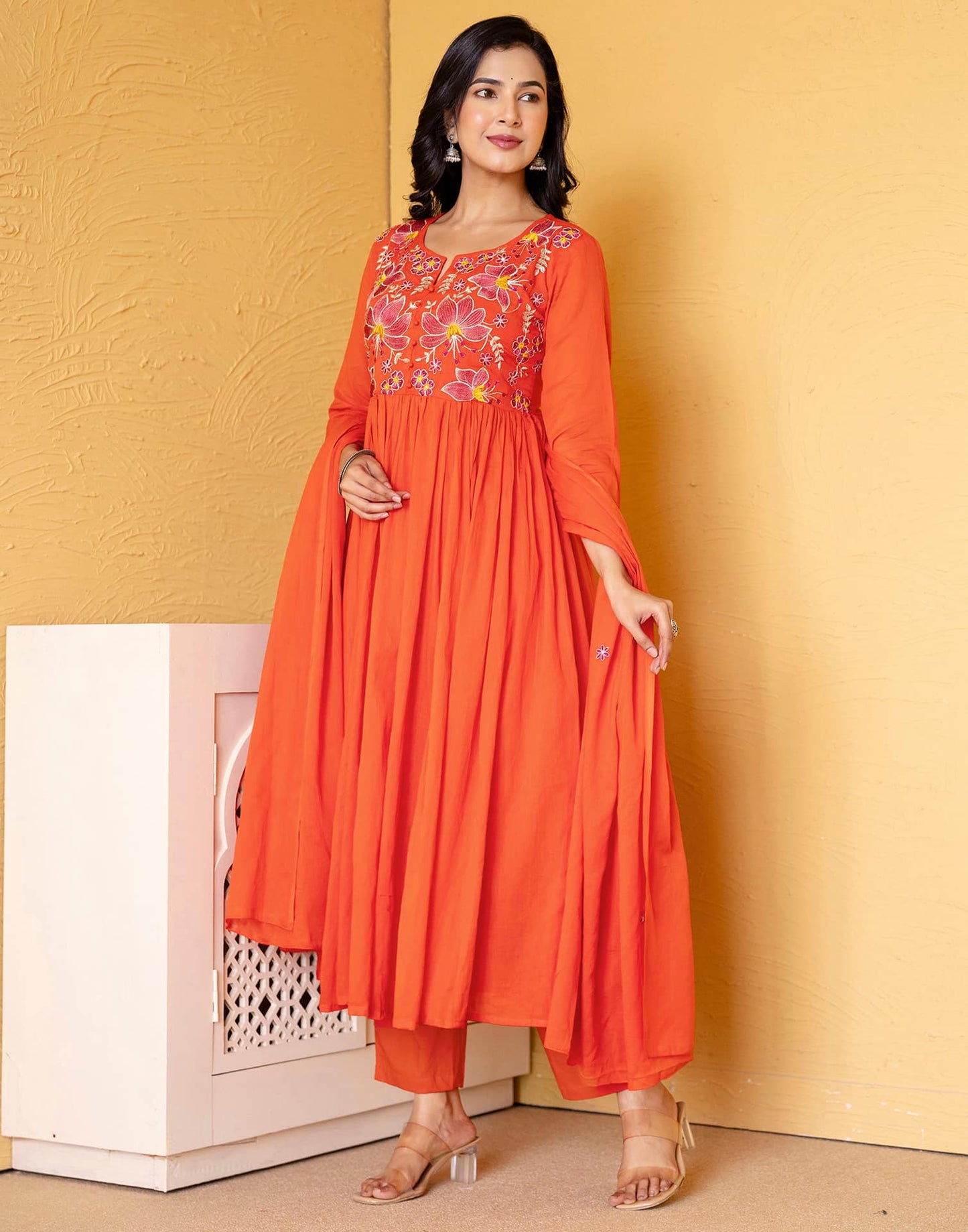 Cotton Embroidered Anarkali Kurta with Pant & Dupatta