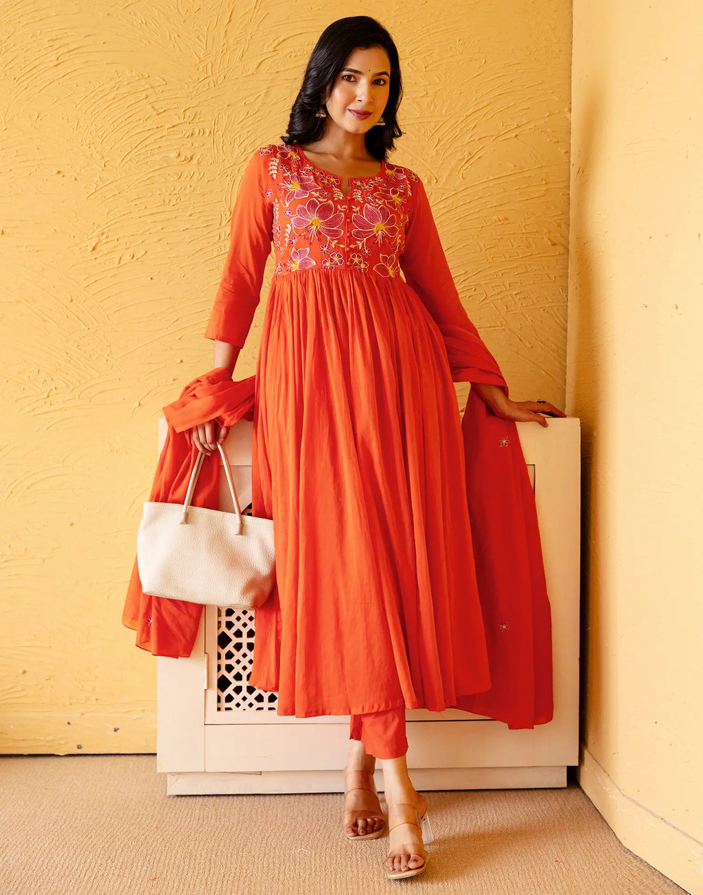 Cotton Embroidered Anarkali 3 Piece Kurta Set