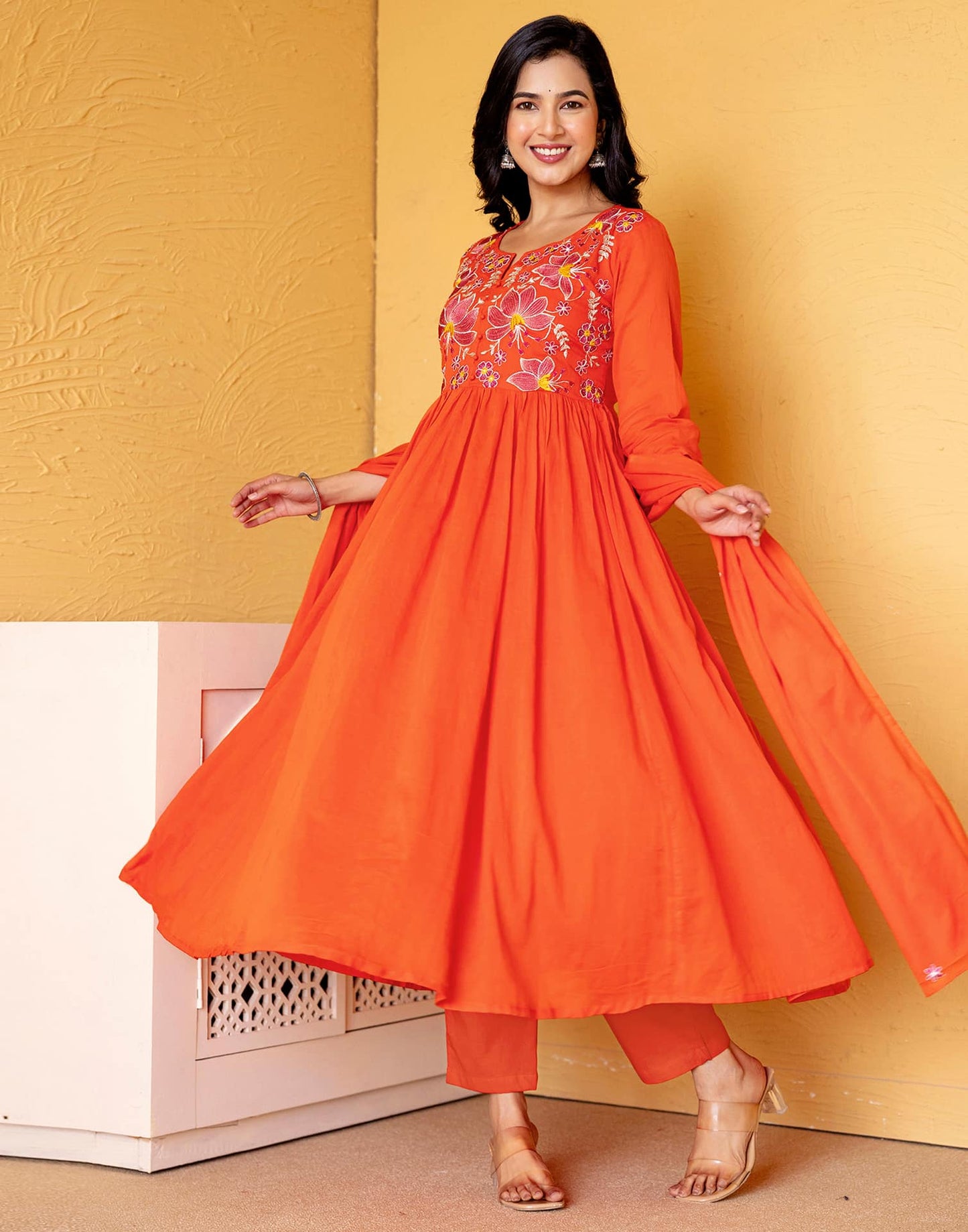 Cotton Embroidered Anarkali Kurta with Pant & Dupatta