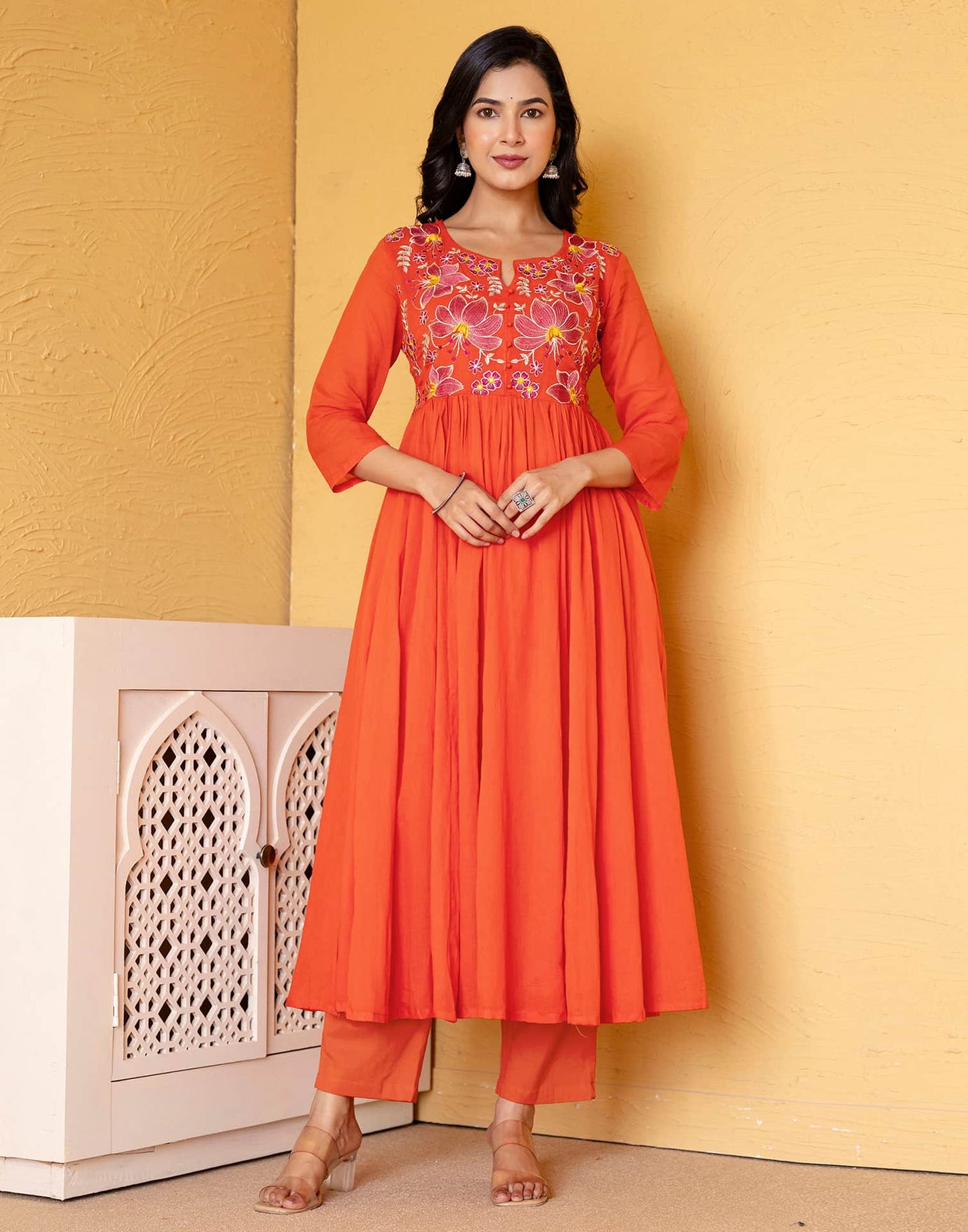 Cotton Embroidered Anarkali Kurta with Pant & Dupatta